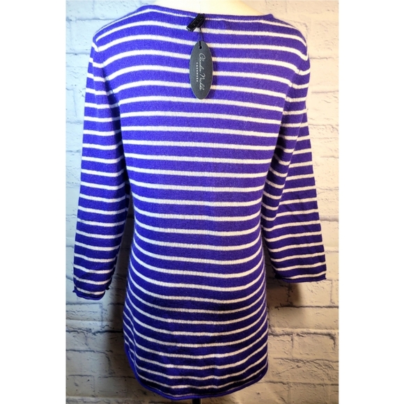 Claudia Nichole Cashmere Sweater Top Blue White Stripe Buttons Detail Size M NWT - Picture 3 of 11